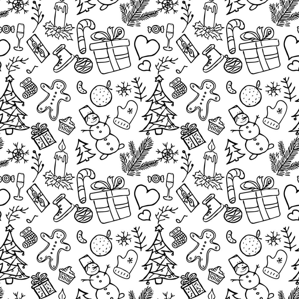 Seamless new year pattern. Vector background with doodle new year and christmas icons. Illustration with gift box, snowman, christmas tree, sweets, hat, orange isolated on white background