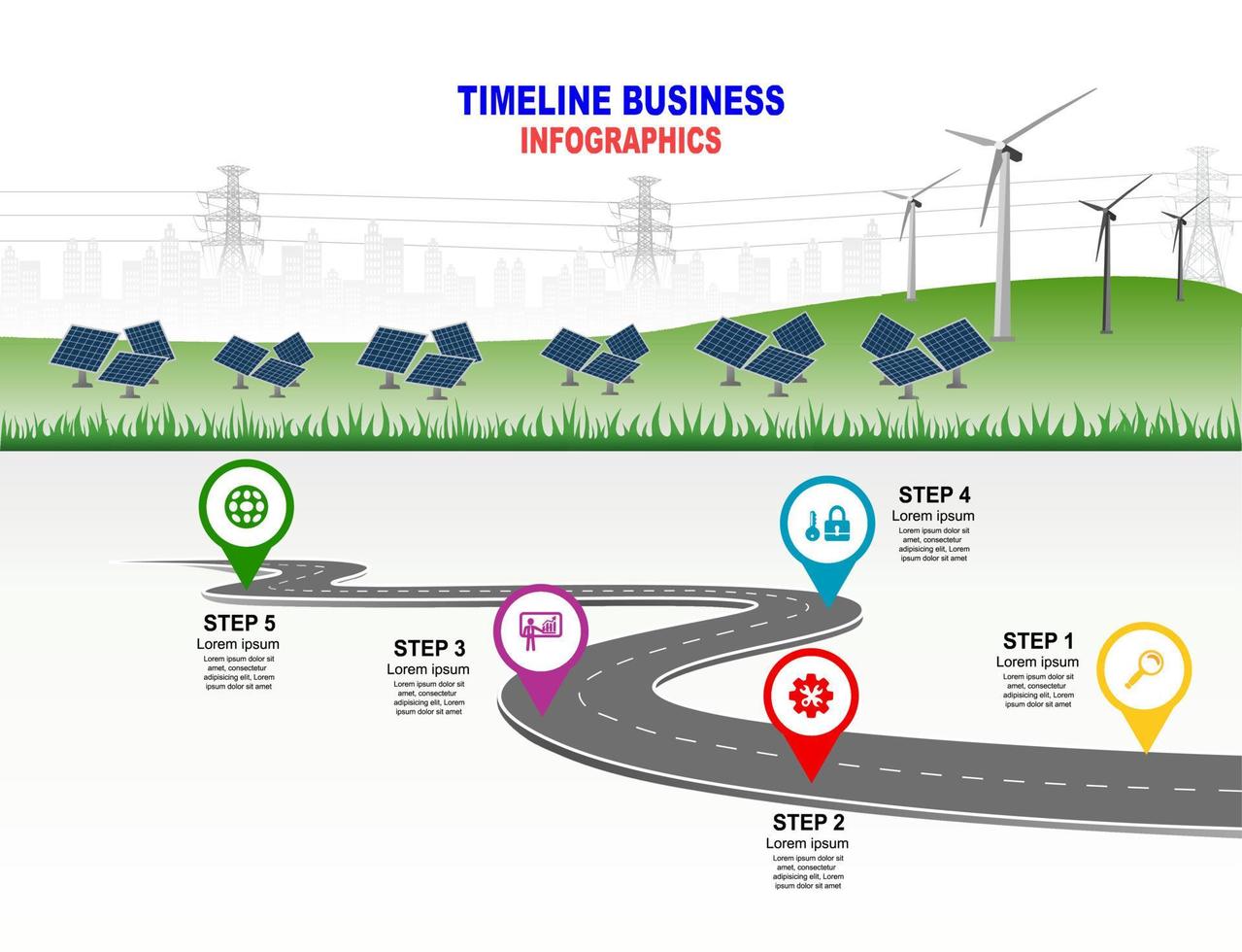 Vector template infographic Timeline of business operations with flags and placeholders on curved roads. Innovation, for environment and society city that can live together. Symbols, steps for success