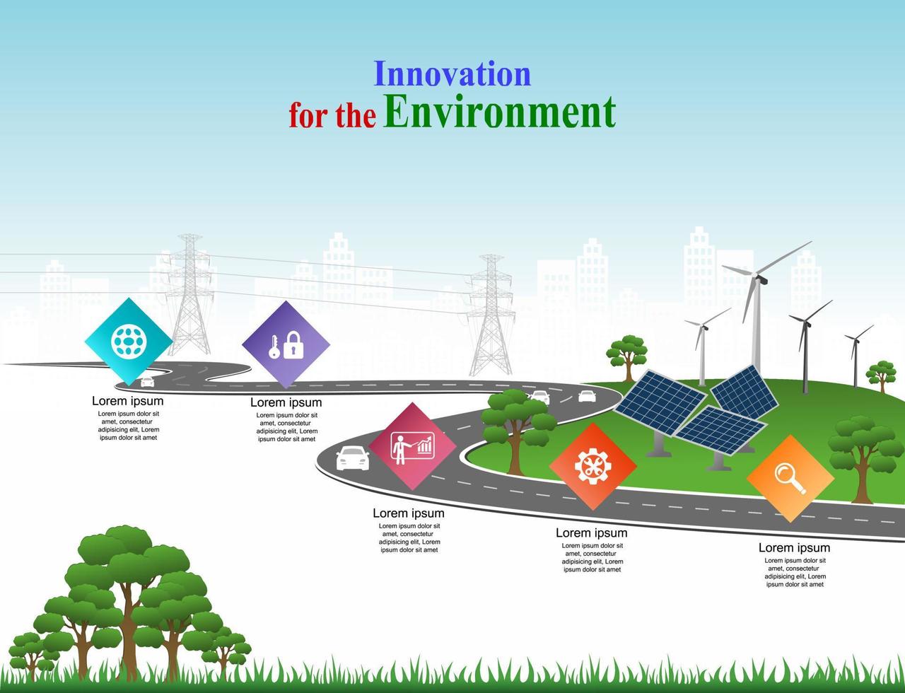 vector plantilla infografía línea de tiempo de operaciones comerciales con banderas y marcadores de posición en carreteras con curvas. innovación, por el medio ambiente y la sociedad ciudad que conviva. símbolos, pasos para el éxito