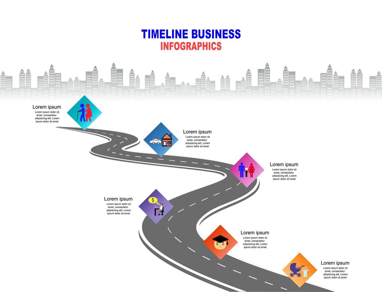 Vector template Infographic Timeline of human life with flags and placeholders on curved roads. Symbols, steps for successful business planning Suitable for advertising and presentations.