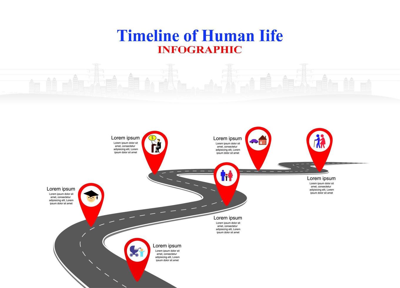 Vector template Infographic Timeline of human life with flags and placeholders on curved roads. Symbols, steps for successful business planning Suitable for advertising and presentations.