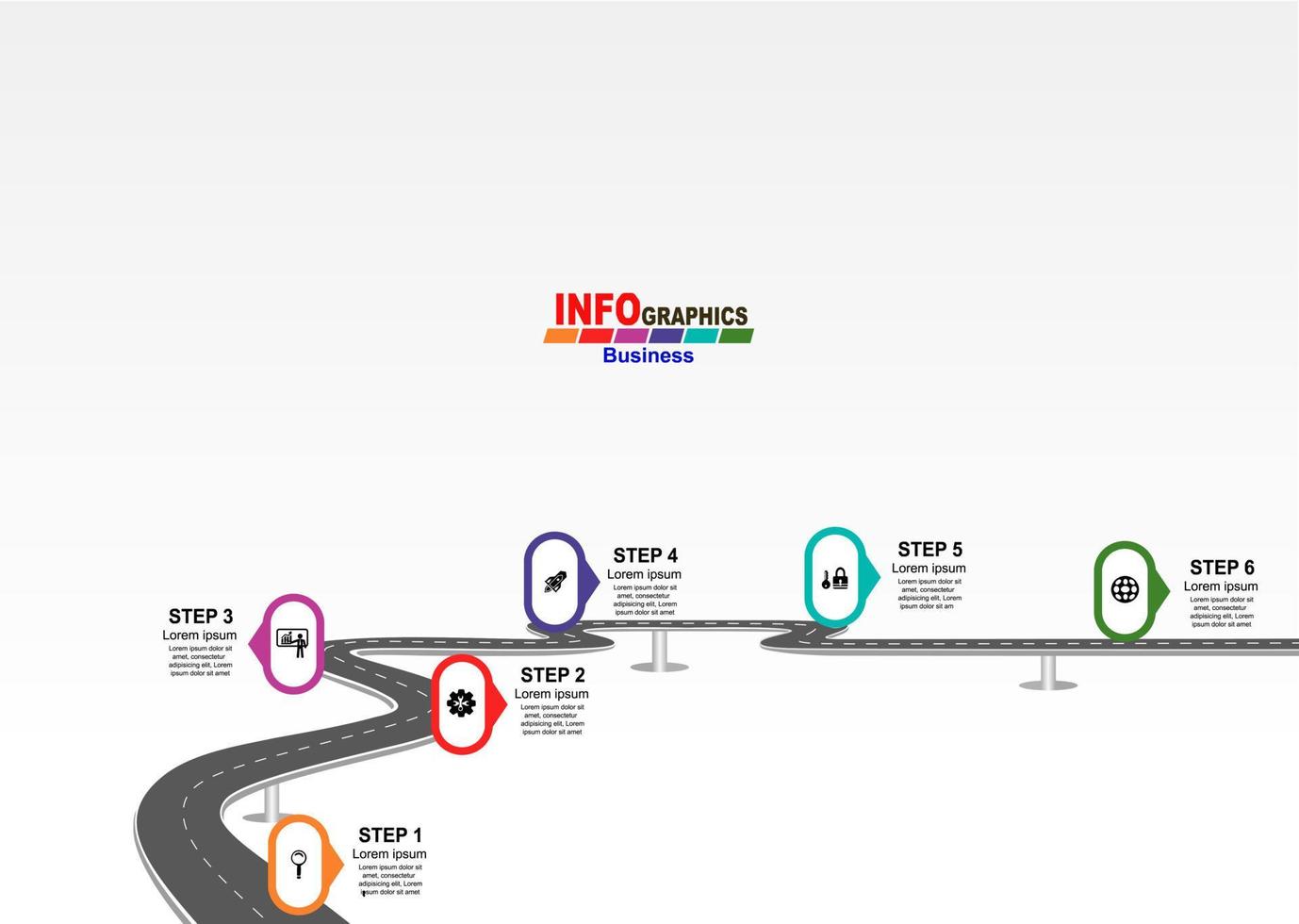 Vector template infographic Timeline of business operations with flags and placeholders on curved roads. Symbols, steps for successful business planning Suitable for advertising and presentations