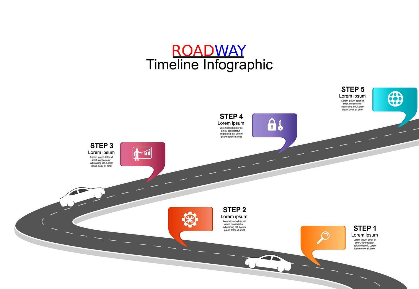 Vector template infographic Timeline of business operations with flags and placeholders on curved roads. Symbols, steps for successful business planning Suitable for advertising and presentations