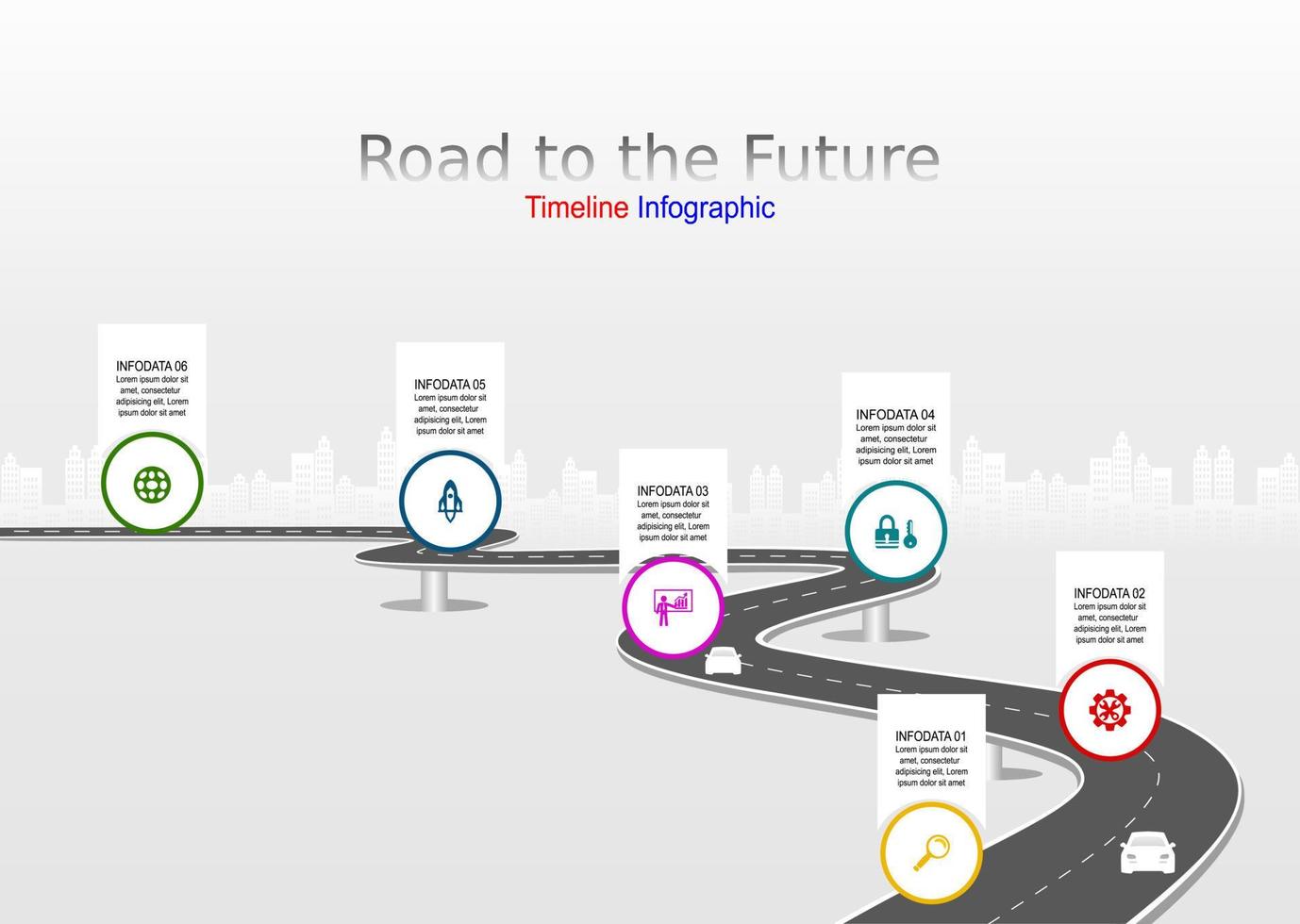 vector plantilla infografía línea de tiempo de operaciones comerciales con banderas y marcadores de posición en carreteras con curvas. símbolos, pasos para una planificación empresarial exitosa adecuados para publicidad y presentaciones