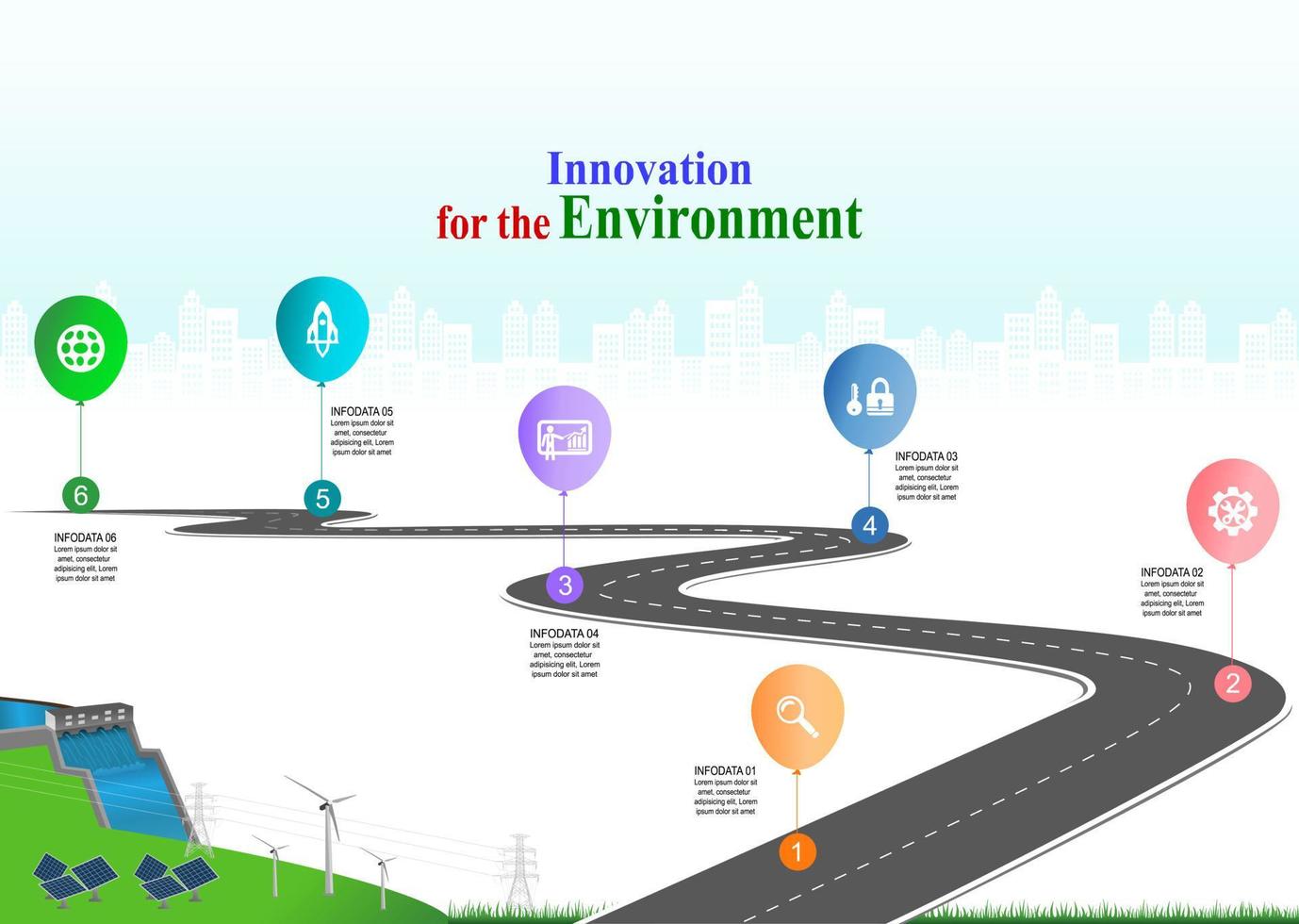 Vector template infographic Timeline of business operations with flags and placeholders on curved roads. Innovation, for environment and society city that can live together. Symbols, steps for success