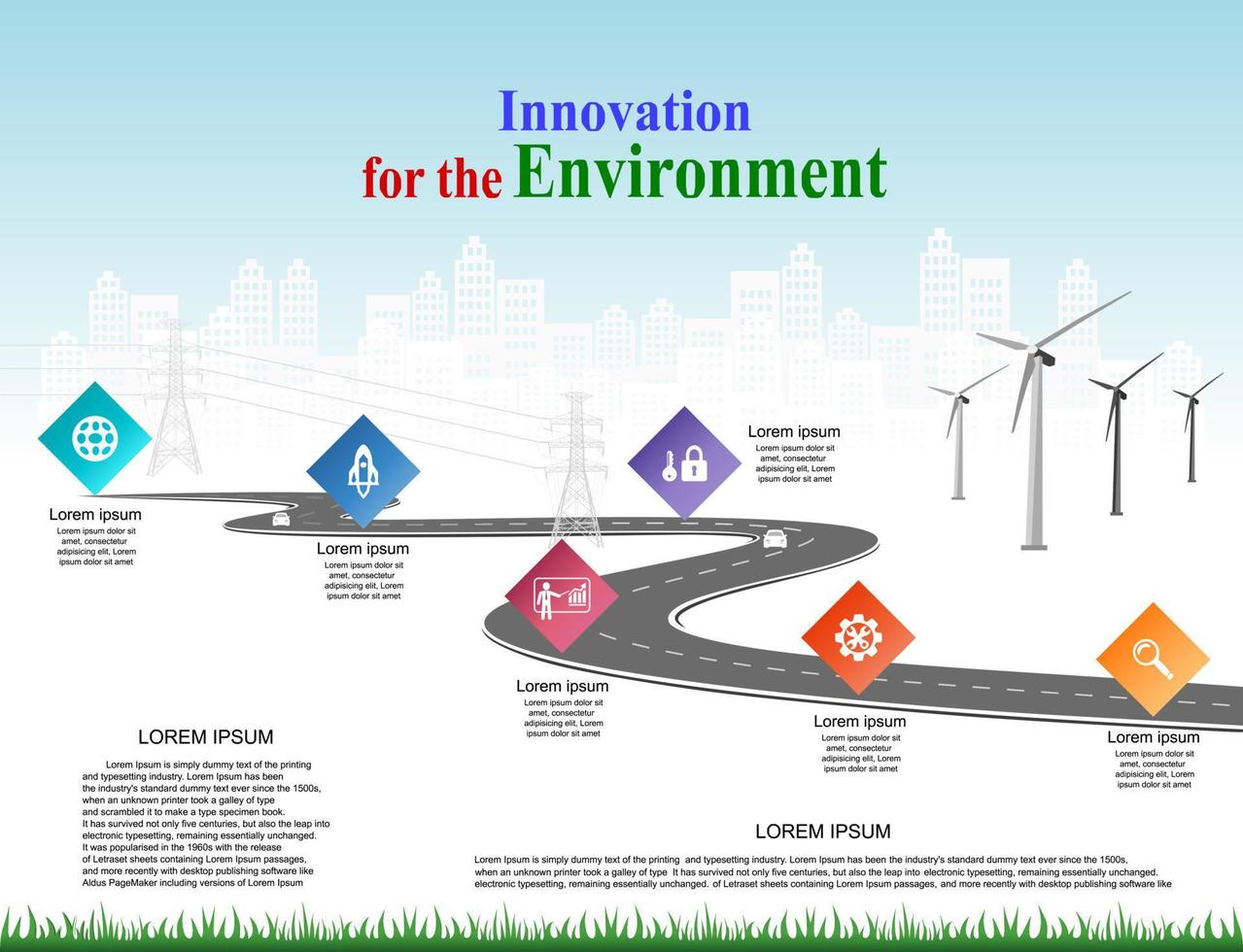 vector plantilla infografía línea de tiempo de operaciones comerciales con banderas y marcadores de posición en carreteras con curvas. innovación, por el medio ambiente y la sociedad ciudad que conviva. símbolos, pasos para el éxito