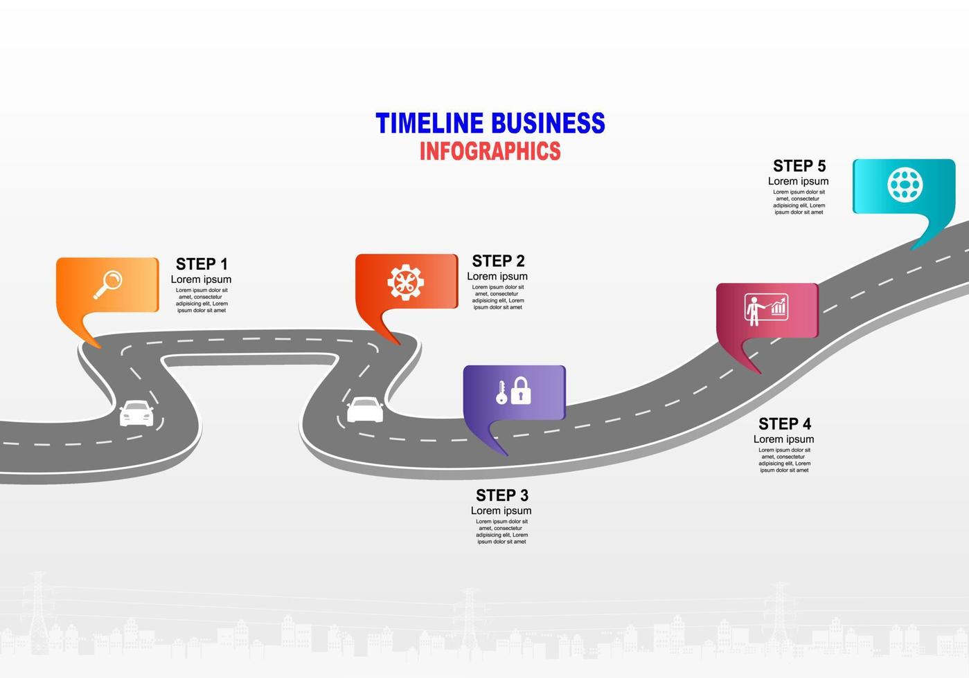 vector plantilla infografía línea de tiempo de operaciones comerciales con banderas y marcadores de posición en carreteras con curvas. símbolos, pasos para una planificación empresarial exitosa adecuados para publicidad y presentaciones