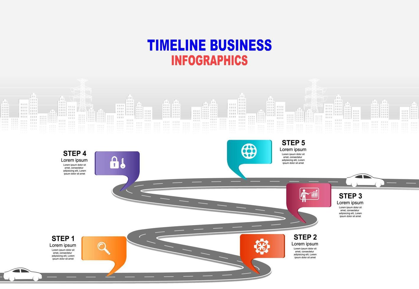 vector plantilla infografía línea de tiempo de operaciones comerciales con banderas y marcadores de posición en carreteras con curvas. símbolos, pasos para una planificación empresarial exitosa adecuados para publicidad y presentaciones