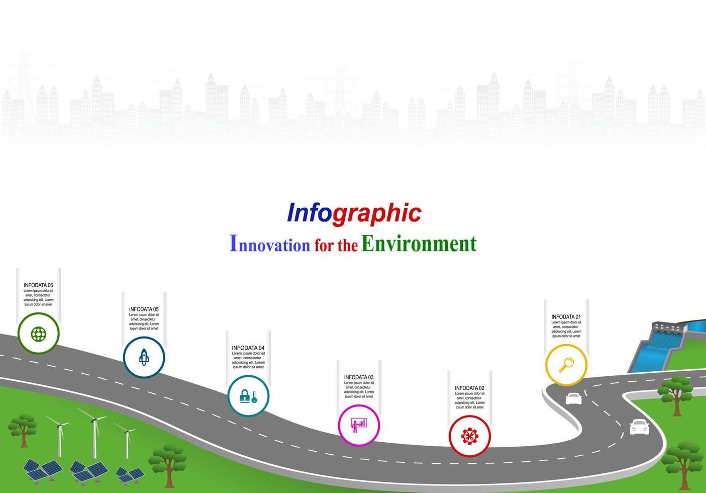 vector plantilla infografía línea de tiempo de operaciones comerciales con banderas y marcadores de posición en carreteras con curvas. innovación, por el medio ambiente y la sociedad ciudad que conviva. símbolos, pasos para el éxito