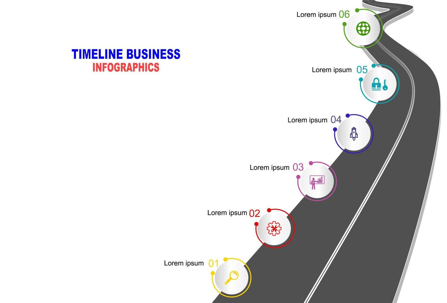 vector plantilla infografía línea de tiempo de operaciones comerciales con banderas y marcadores de posición en carreteras con curvas. símbolos, pasos para una planificación empresarial exitosa adecuados para publicidad y presentaciones