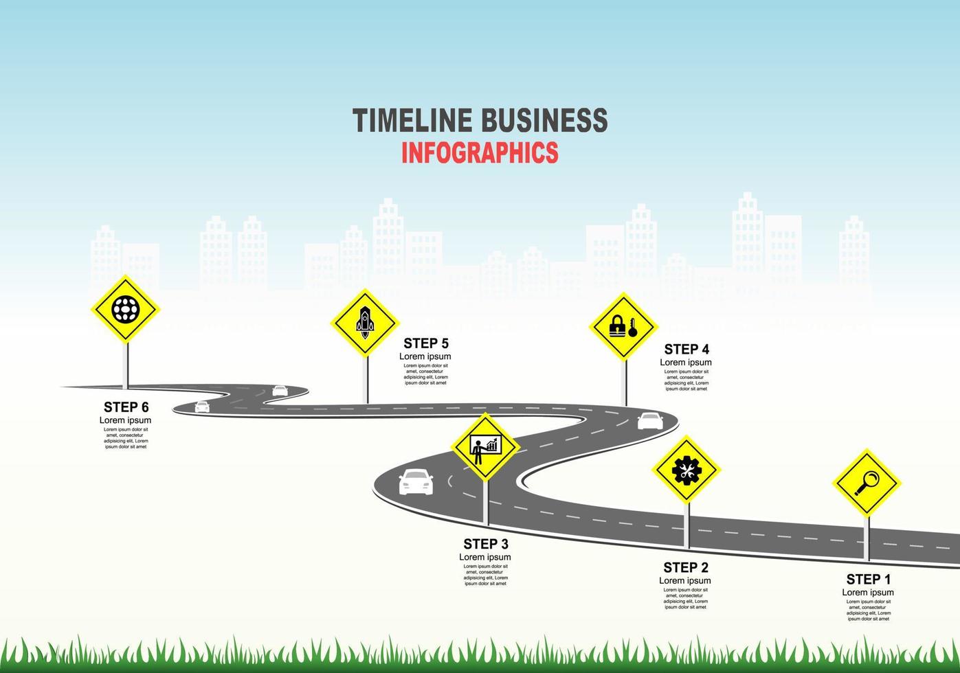 vector plantilla infografía línea de tiempo de operaciones comerciales con banderas y marcadores de posición en carreteras con curvas. símbolos, pasos para una planificación empresarial exitosa adecuados para publicidad y presentaciones