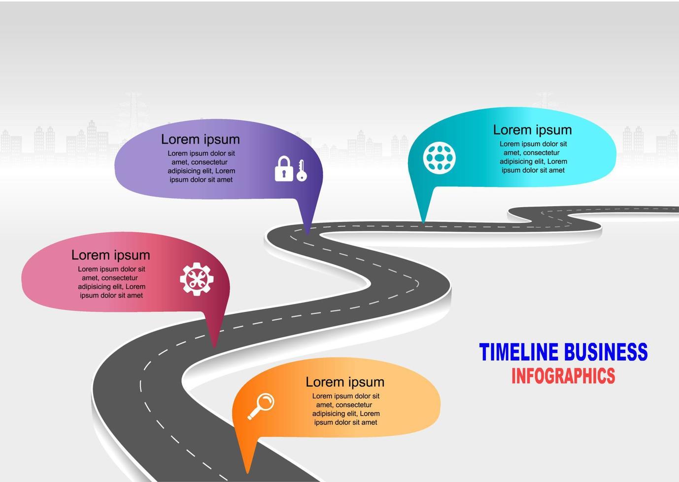 Vector template infographic Timeline of business operations with flags and placeholders on curved roads. Symbols, steps for successful business planning Suitable for advertising and presentations