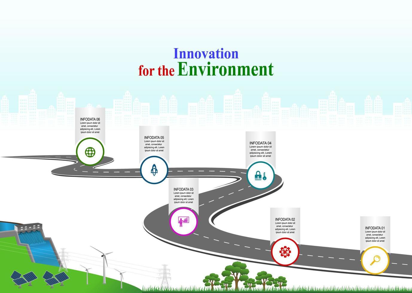 Vector template infographic Timeline of business operations with flags and placeholders on curved roads. Innovation, for environment and society city that can live together. Symbols, steps for success