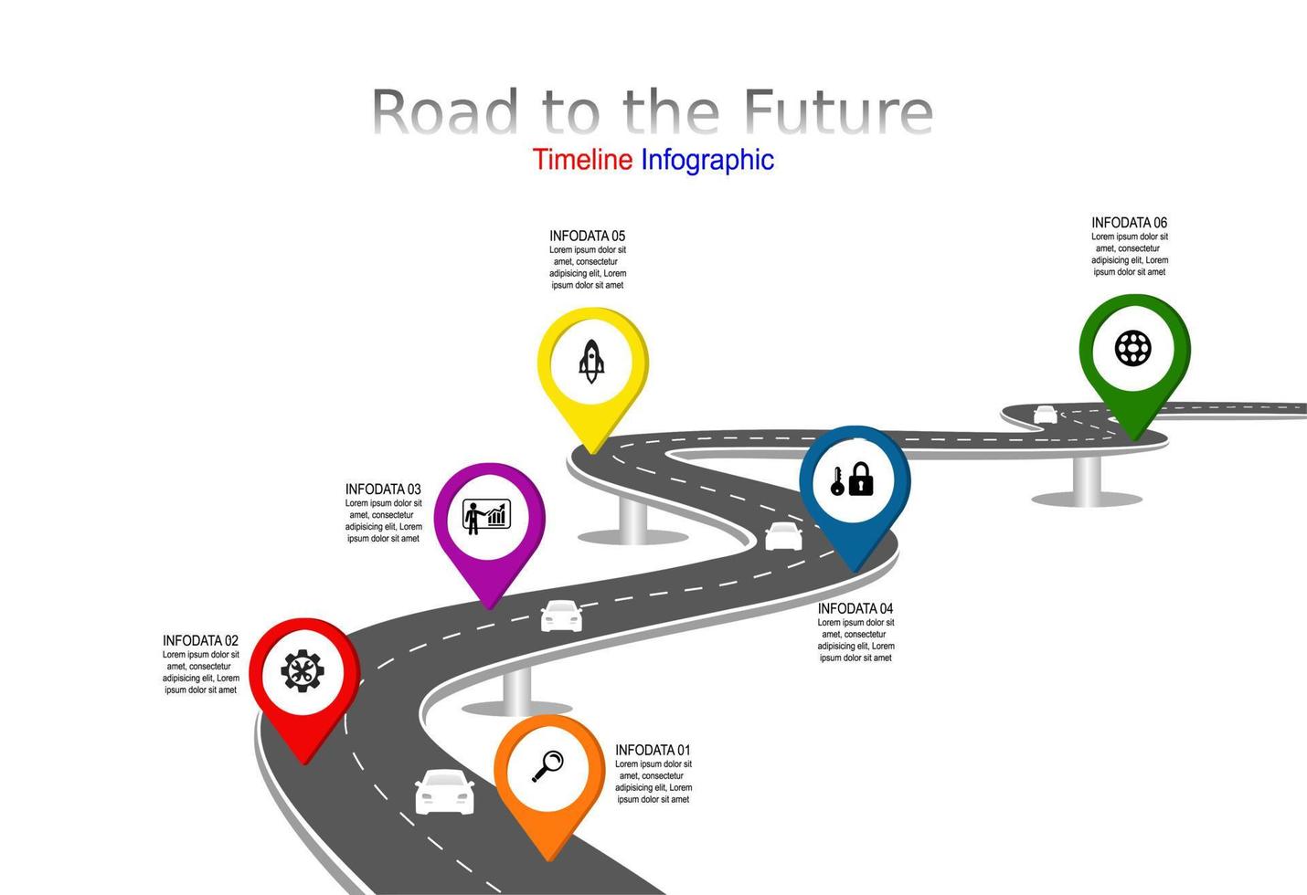 Vector template infographic Timeline of business operations with flags and placeholders on curved roads. Symbols, steps for successful business planning Suitable for advertising and presentations