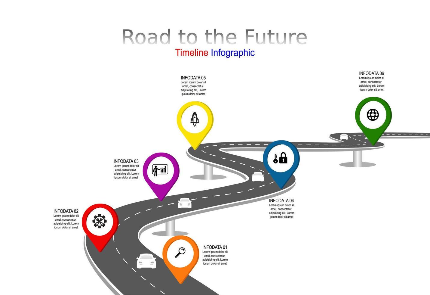 vector plantilla infografía línea de tiempo de operaciones comerciales con banderas y marcadores de posición en carreteras con curvas. símbolos, pasos para una planificación empresarial exitosa adecuados para publicidad y presentaciones