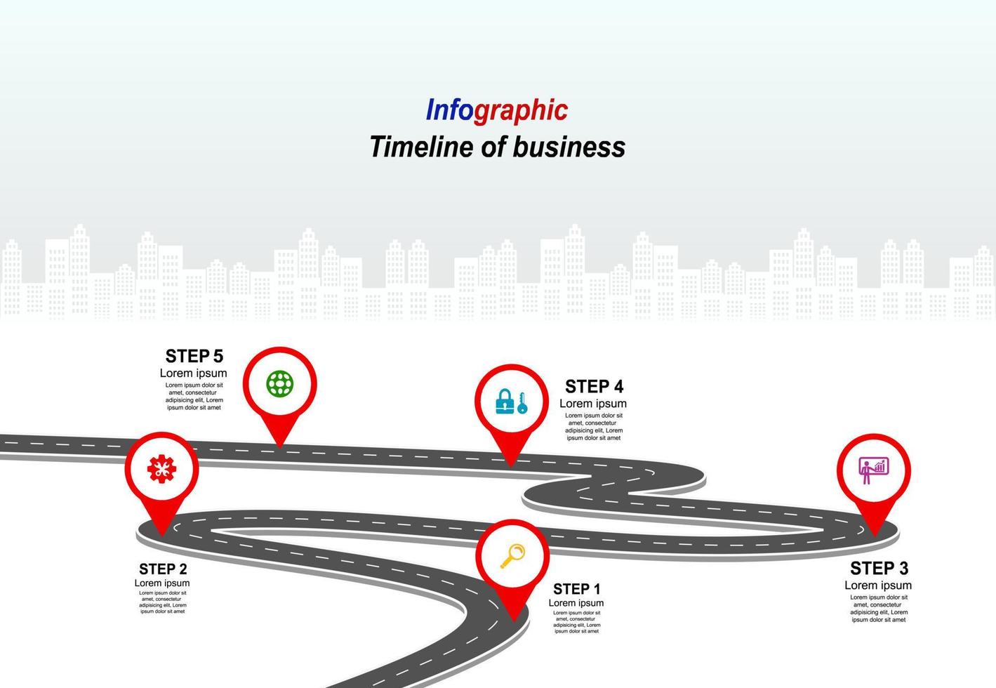 vector plantilla infografía línea de tiempo de operaciones comerciales con banderas y marcadores de posición en carreteras con curvas. símbolos, pasos para una planificación empresarial exitosa adecuados para publicidad y presentaciones