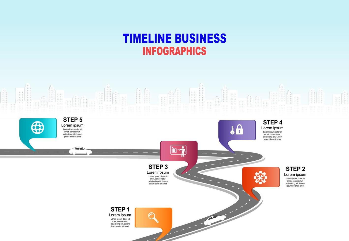 vector plantilla infografía línea de tiempo de operaciones comerciales con banderas y marcadores de posición en carreteras con curvas. símbolos, pasos para una planificación empresarial exitosa adecuados para publicidad y presentaciones