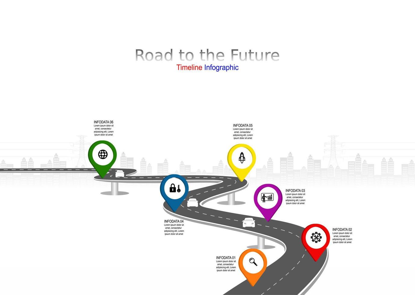 Vector template infographic Timeline of business operations with flags and placeholders on curved roads. Symbols, steps for successful business planning Suitable for advertising and presentations