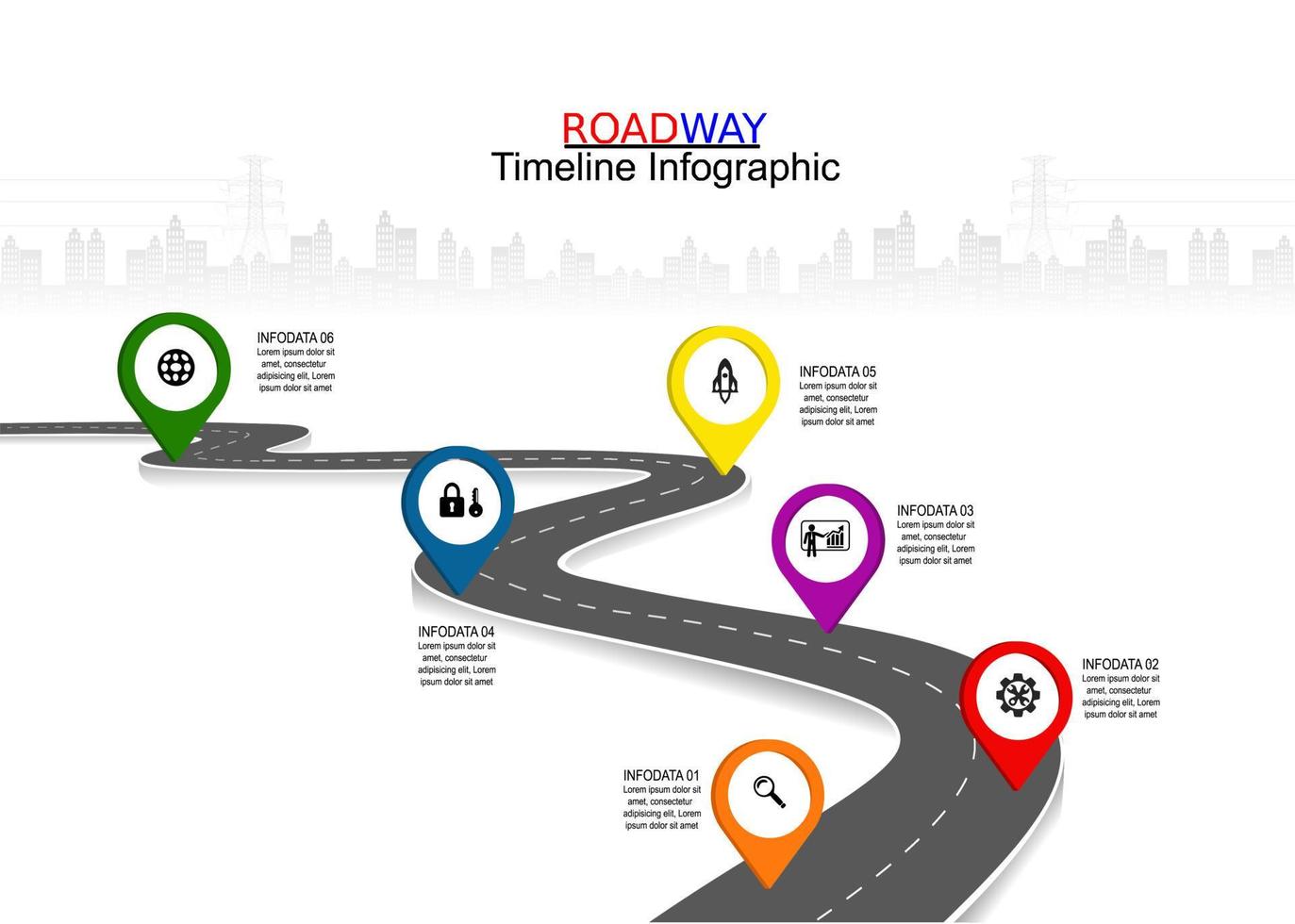 Vector template infographic Timeline of business operations with flags and placeholders on curved roads. Symbols, steps for successful business planning Suitable for advertising and presentations