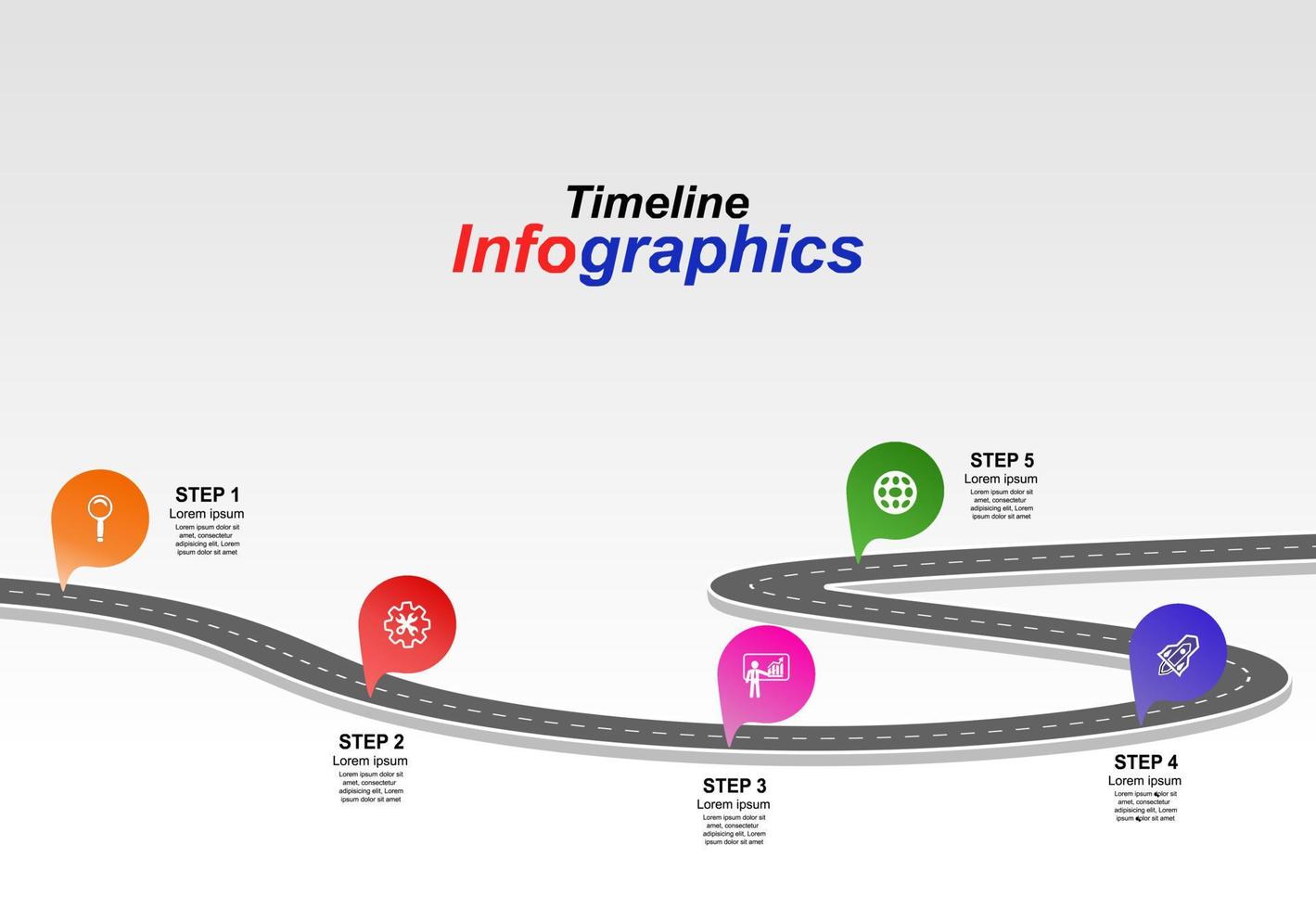 vector plantilla infografía línea de tiempo de operaciones comerciales con banderas y marcadores de posición en carreteras con curvas. símbolos, pasos para una planificación empresarial exitosa adecuados para publicidad y presentaciones