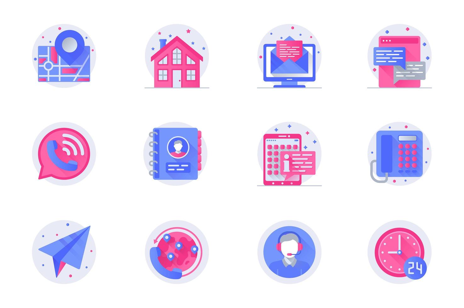 Contact us support concept web flat color icons with shadow set. Pack pictograms of email, chat, call, assistance, support and other. Vector illustration of symbols for website mobile app design