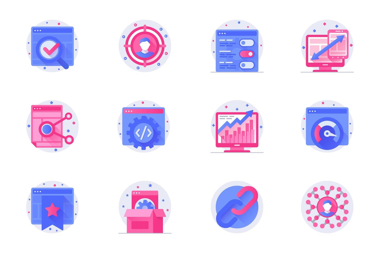 Seo optimization concept web flat color icons with shadow set. Pack pictograms of search, target, keyword, link, code, analysis and other. Vector illustration of symbols for website mobile app design