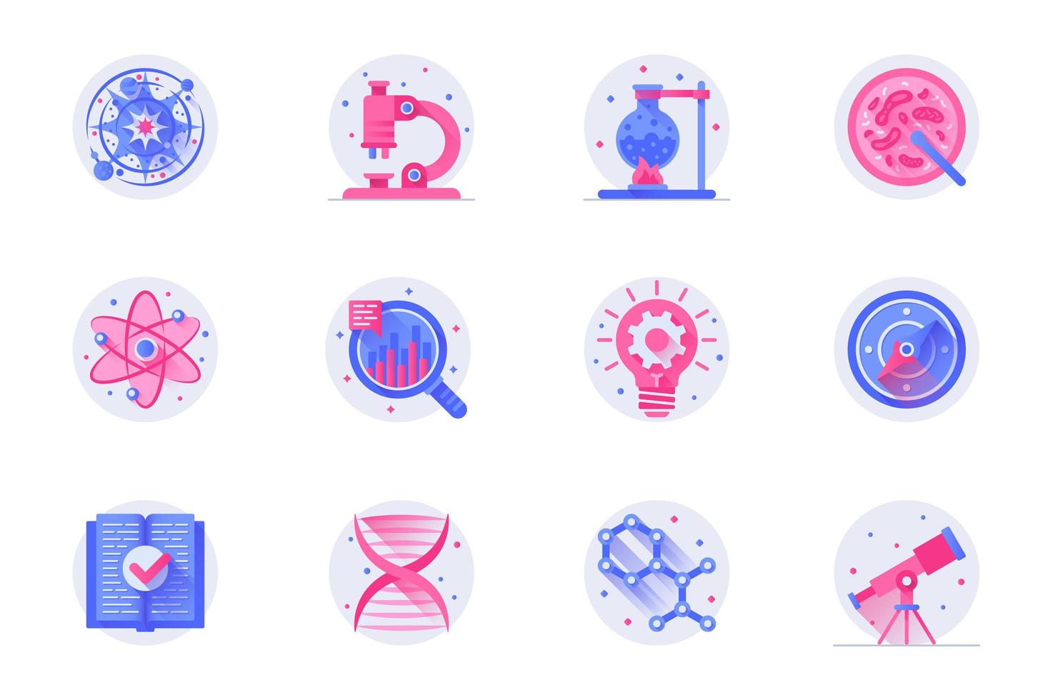 Science concept web flat color icons with shadow set. Pack pictograms of big bang theory, microscope, tube test, atom, research and other. Vector illustration of symbols for website mobile app design