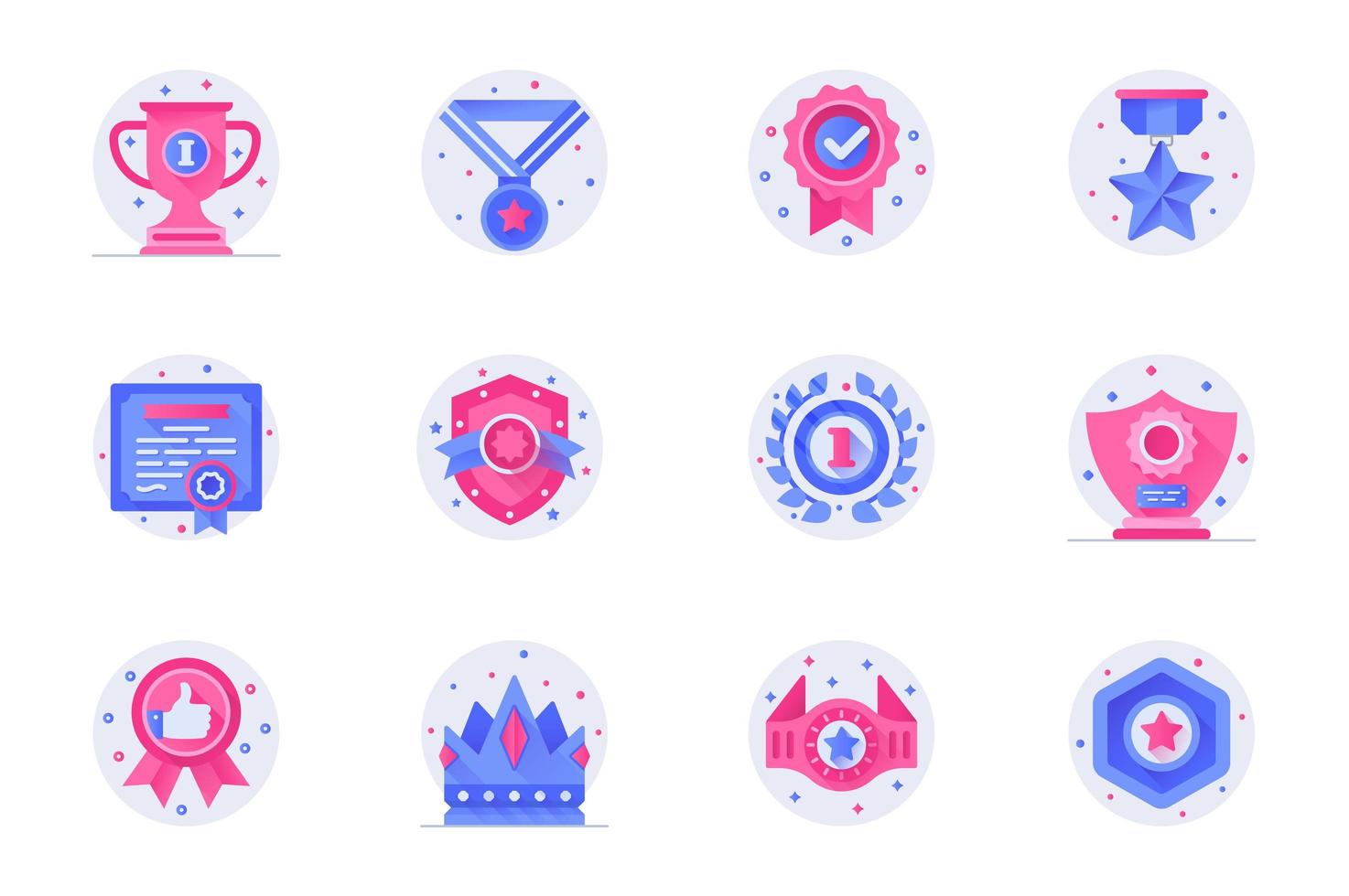 Award concept web flat color icons with shadow set. Pack pictograms of cup, winning medal, star, certificate, crown, victory and other. Vector illustration of symbols for website mobile app design