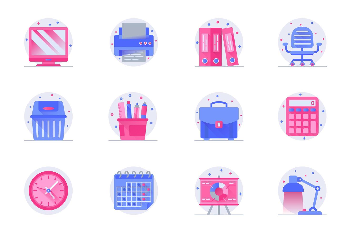 Office supplies concept web flat color icons with shadow set. Pack pictograms of computer, printer, folder, chair, briefcase and other. Vector illustration of symbols for website mobile app design