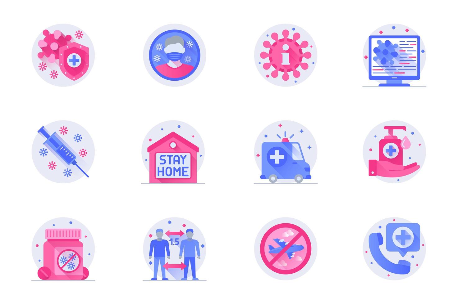 Coronavirus prevention concept web flat color icons with shadow set. Pack pictograms of mask, vaccination, stay home, wash hands and other. Vector illustration of symbols for website mobile app design