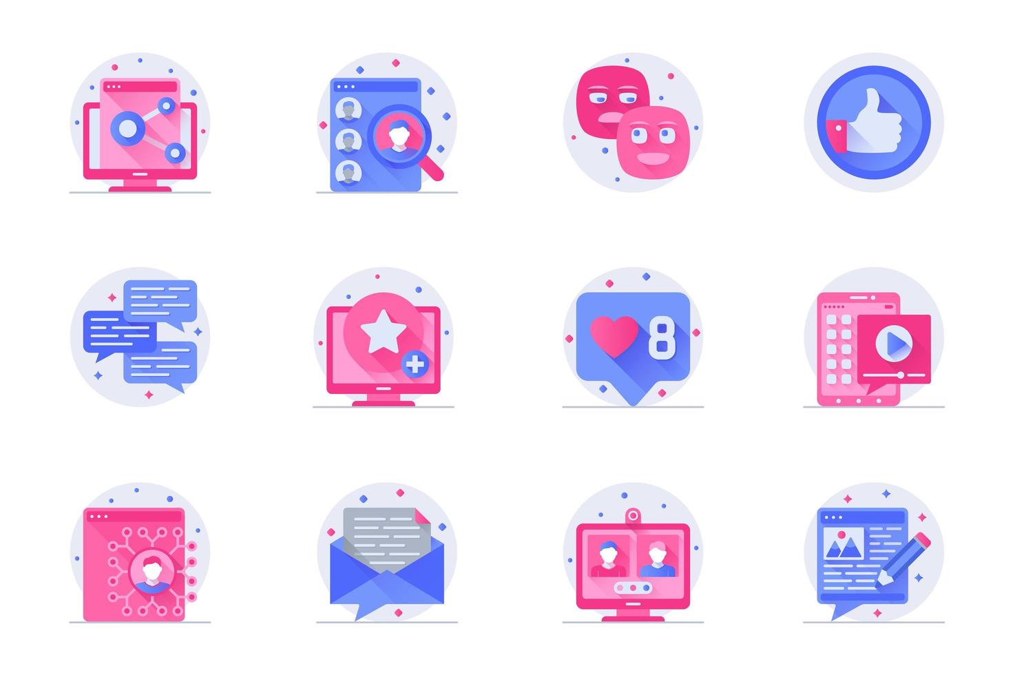 Social media concept web flat color icons with shadow set. Pack pictograms of internet communication, link, profile, like, chat and other. Vector illustration of symbols for website mobile app design