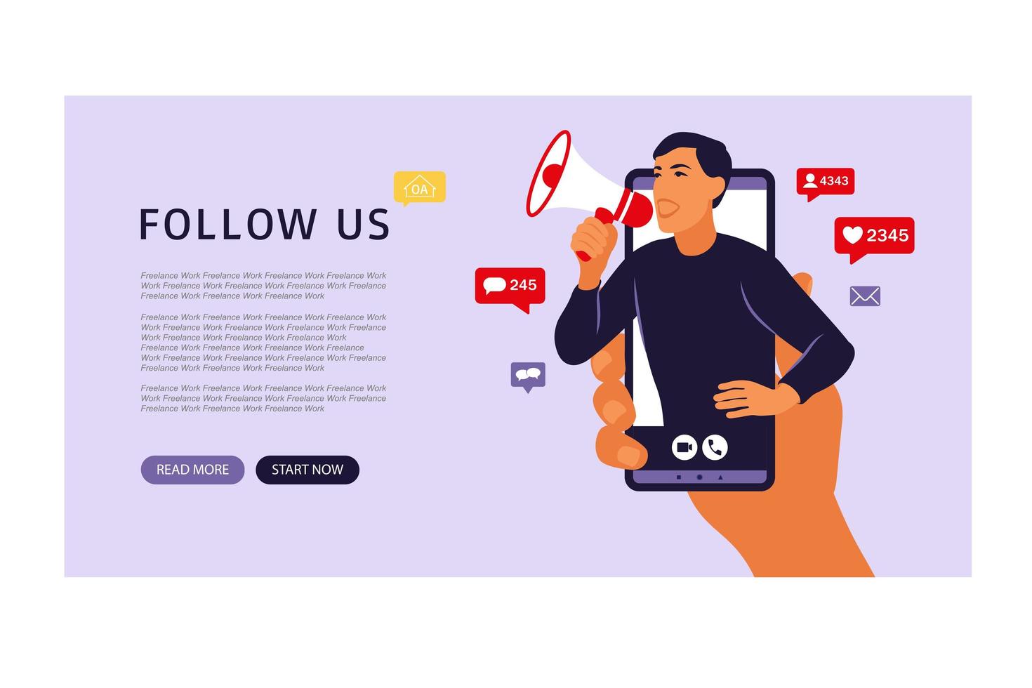 Hands holding smartphone with a man shouting in loud speaker. Influencer marketing, social media or network promotion. Landing page. Vector illustration. Flat.