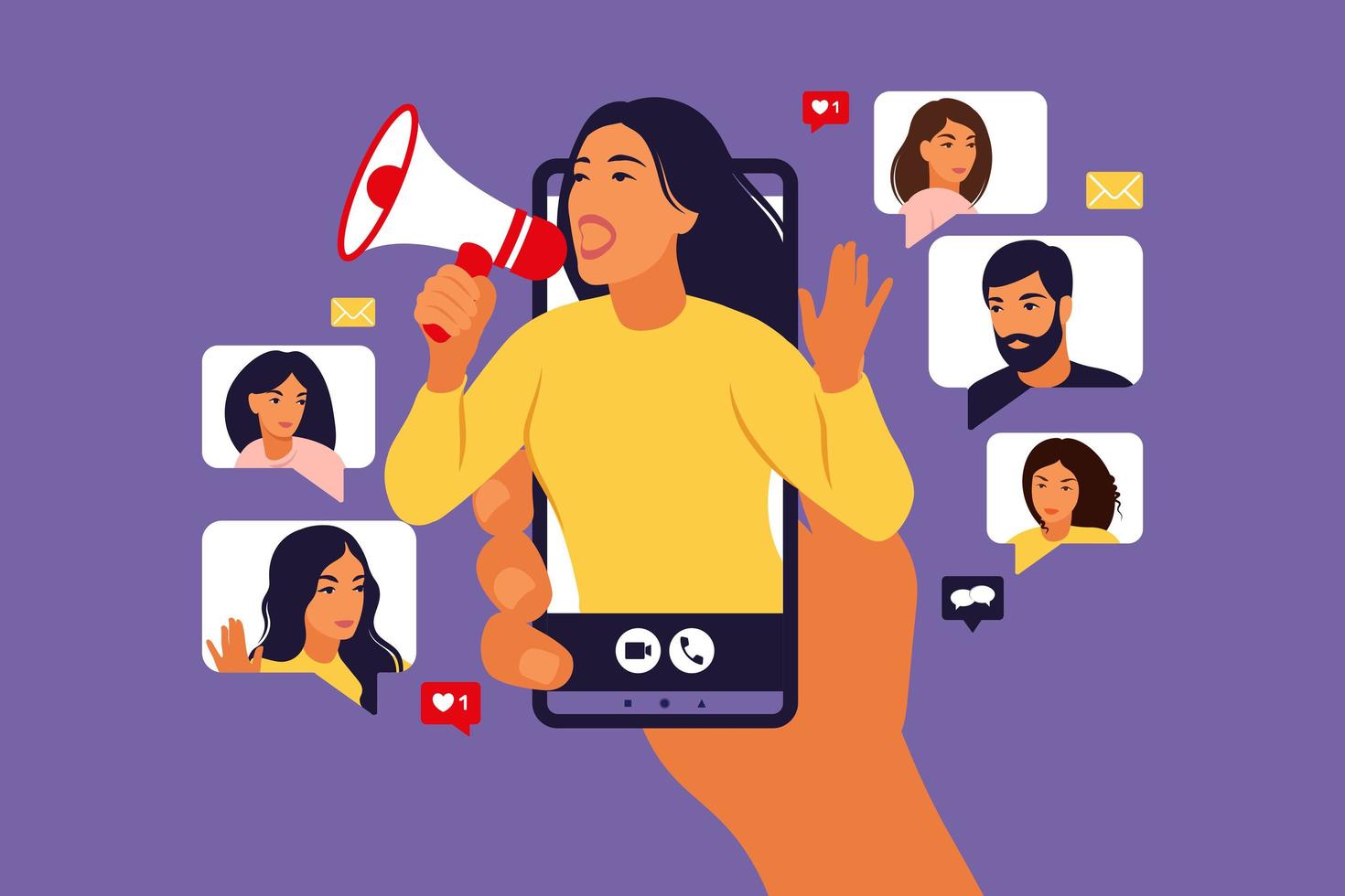 Hands holding smartphone with a girl shouting in loud speaker. Influencer marketing, social media or network promotion. Blogger promotion services and goods for her followers online. Vector. vector