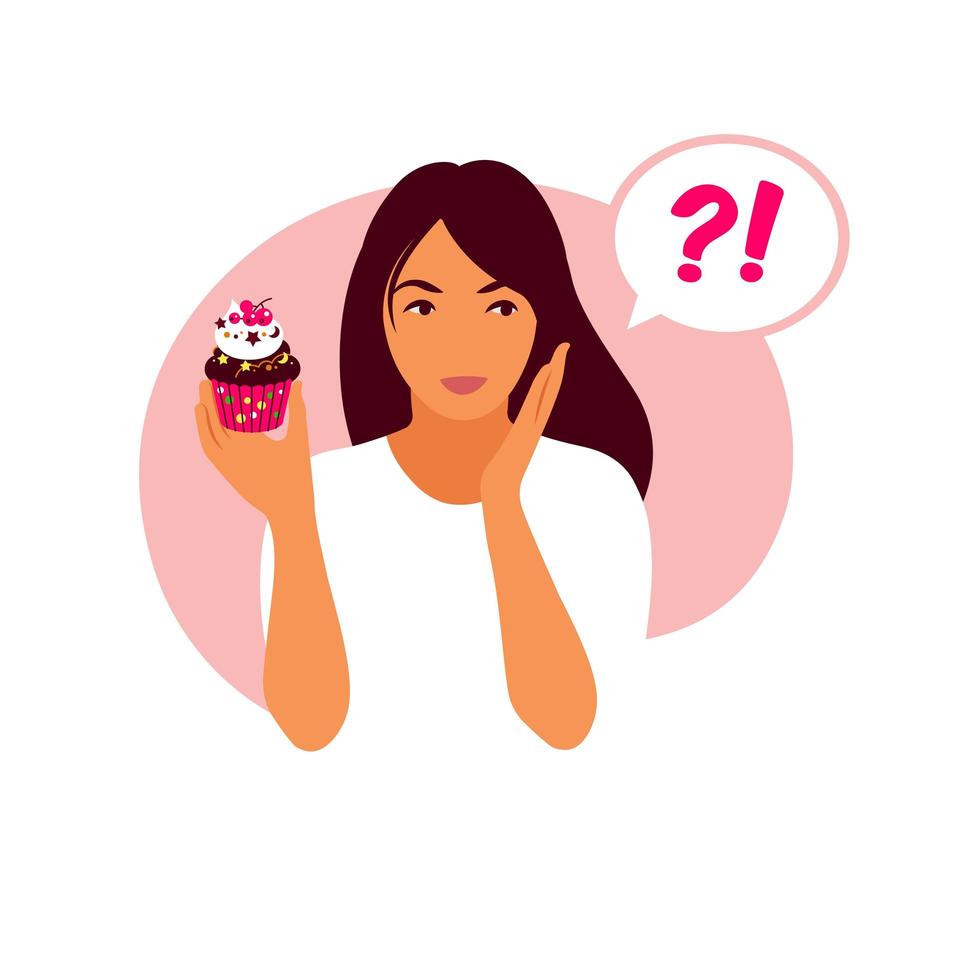 Nutrition concept. Woman choosing between healthy meal and unhealthy food. Vector illustration. Flat.