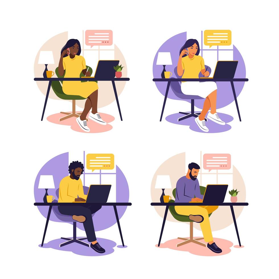 mujer y hombre sentado a la mesa con ordenador portátil y teléfono. trabajando en una computadora. freelance, educación en línea o concepto de redes sociales. estudiando el concepto. estilo plano. vector