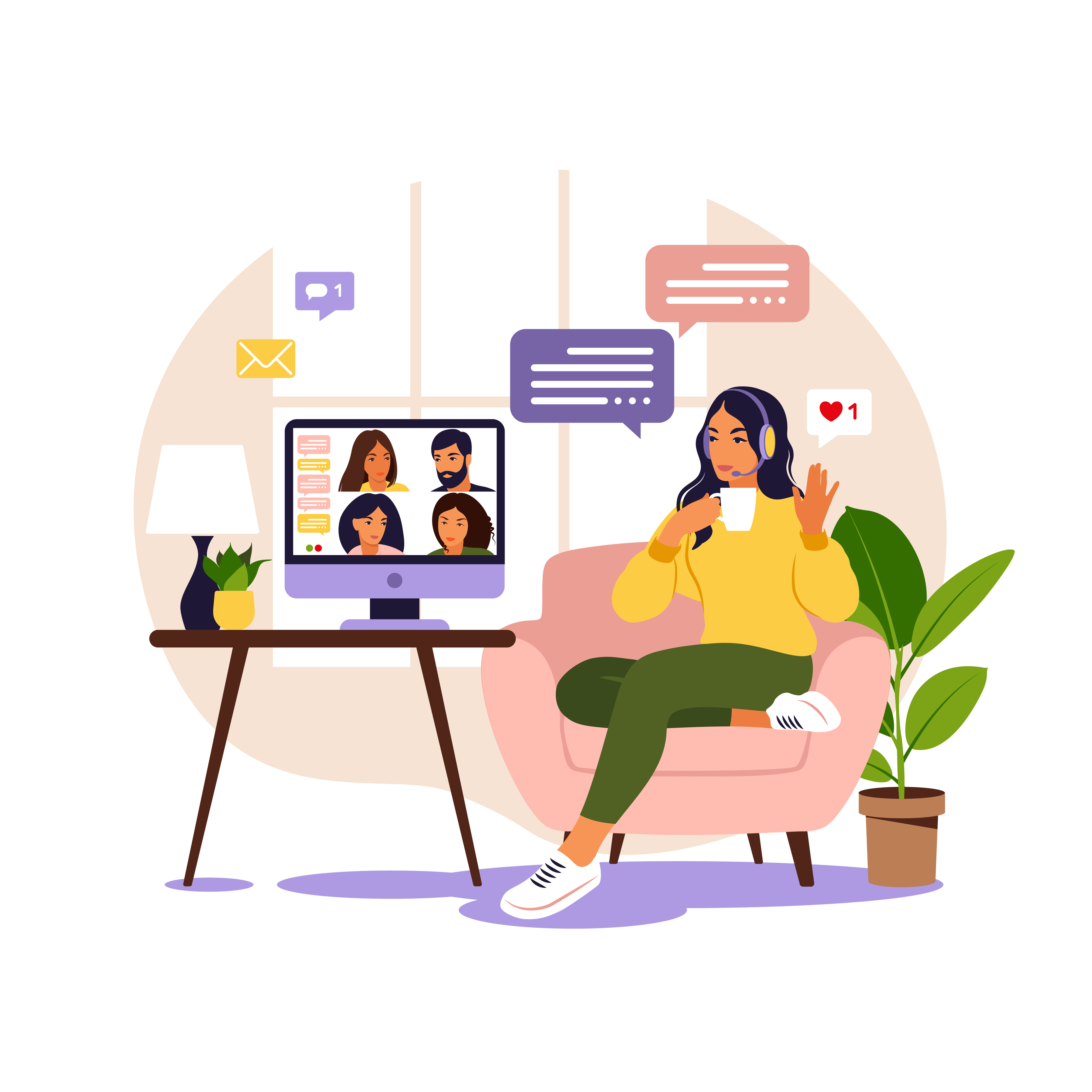 African girl friends chat online. Girl sitting in a chair in front of a  laptop and speaks with friend. Video conference, online chat concept.  Working or online meeting from home. Vector illustration.