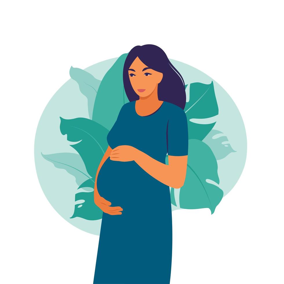 retrato mujer embarazada en vestido en el fondo de la planta. salud, cuidado, embarazo. ilustración vectorial. plano vector
