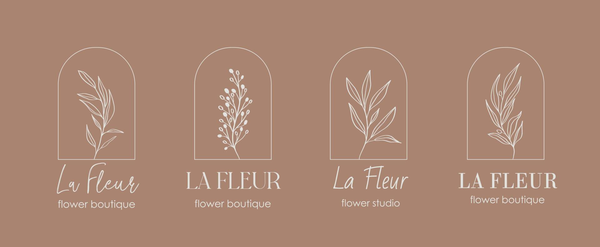 Logo design template and monogram concept in trendy linear style with arch - floral frame with copy space for text or letter - emblem for fashion, beauty and jewellery, Wedding invitation, socia. vector