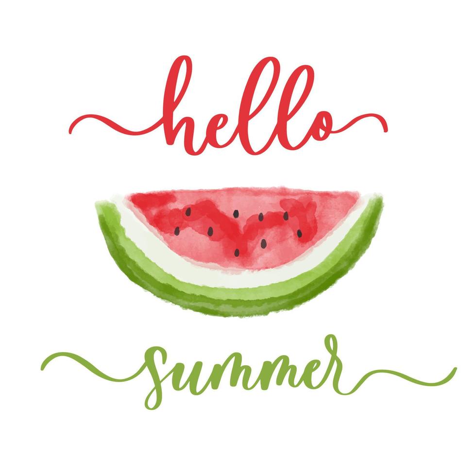 Watercolor watermelon and calligraphy hello summer in wavy lines. vector