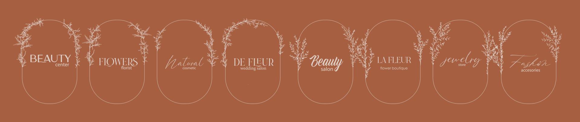 plantilla de diseño de logotipo y concepto de monograma en estilo lineal de moda con arco - marco floral con espacio de copia de texto o letra - emblema de moda, belleza y joyería, invitación de boda, socia. vector