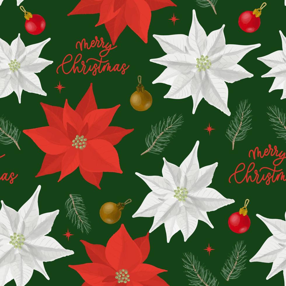 flor de nochebuena de navidad y rama de pino de patrones sin fisuras. plantas de estilo acuarela sobre fondo blanco. colección de banners de vacaciones. decoración floral para el hogar. vector