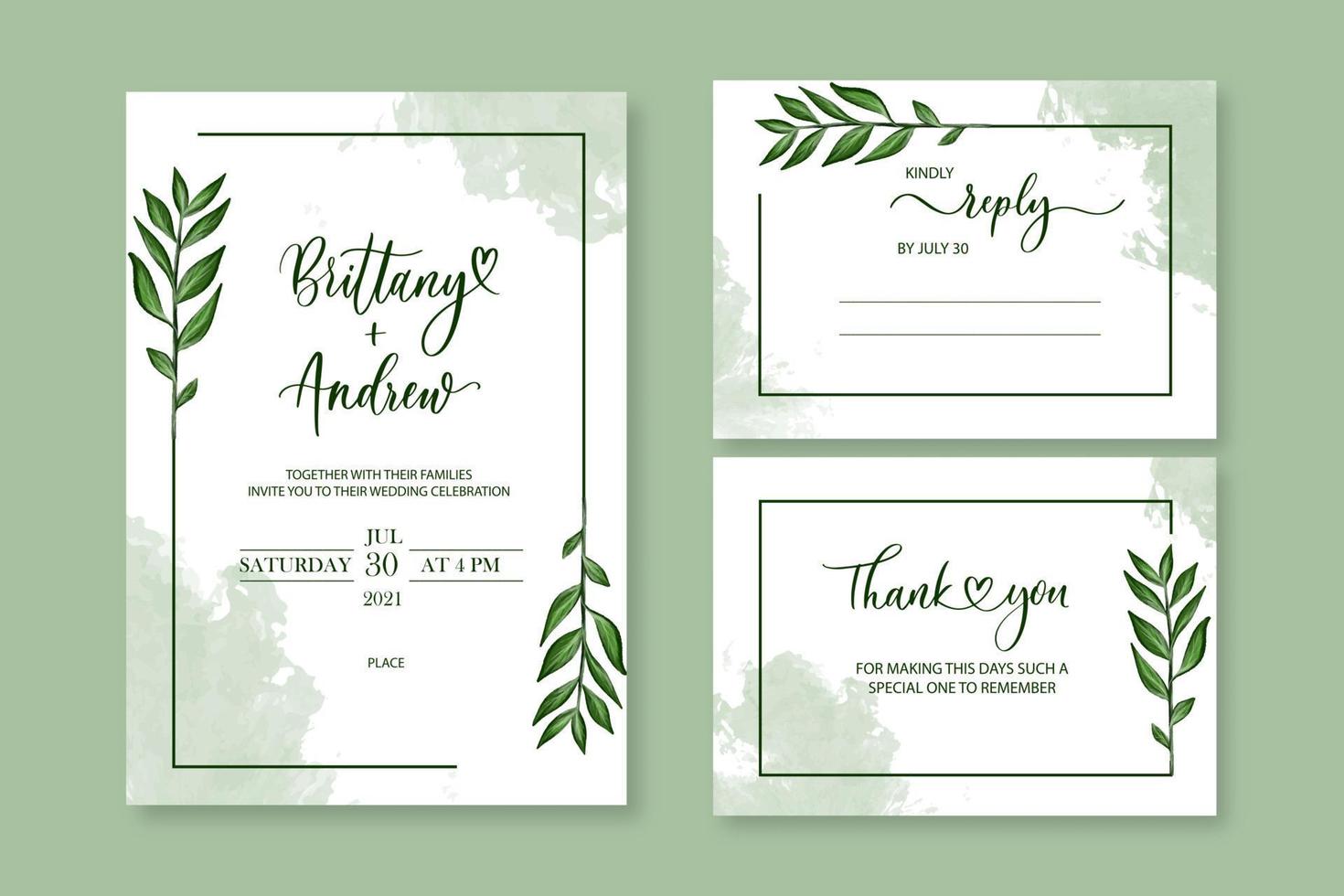 Wedding vector floral invite invitation thank you, reply watercolor design set green leaves elegant greenery.