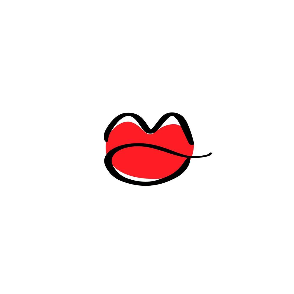 Hand drawn logo lips in black lines with red illustration. vector