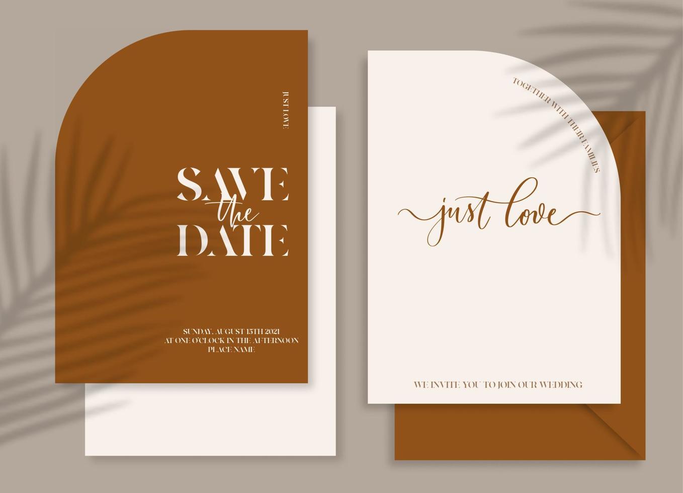 Modern wedding invitation, burnt orange wedding invitation template, arch shape with leaf shadow and handmade calligraphy. vector