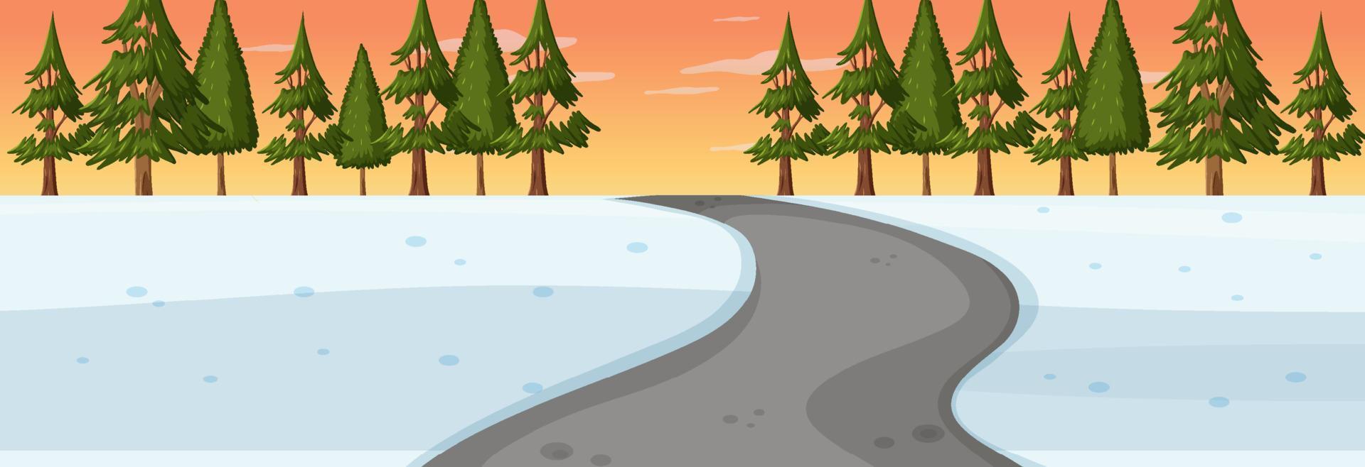 Winter season with road through the park at sunset time horizontal scene vector