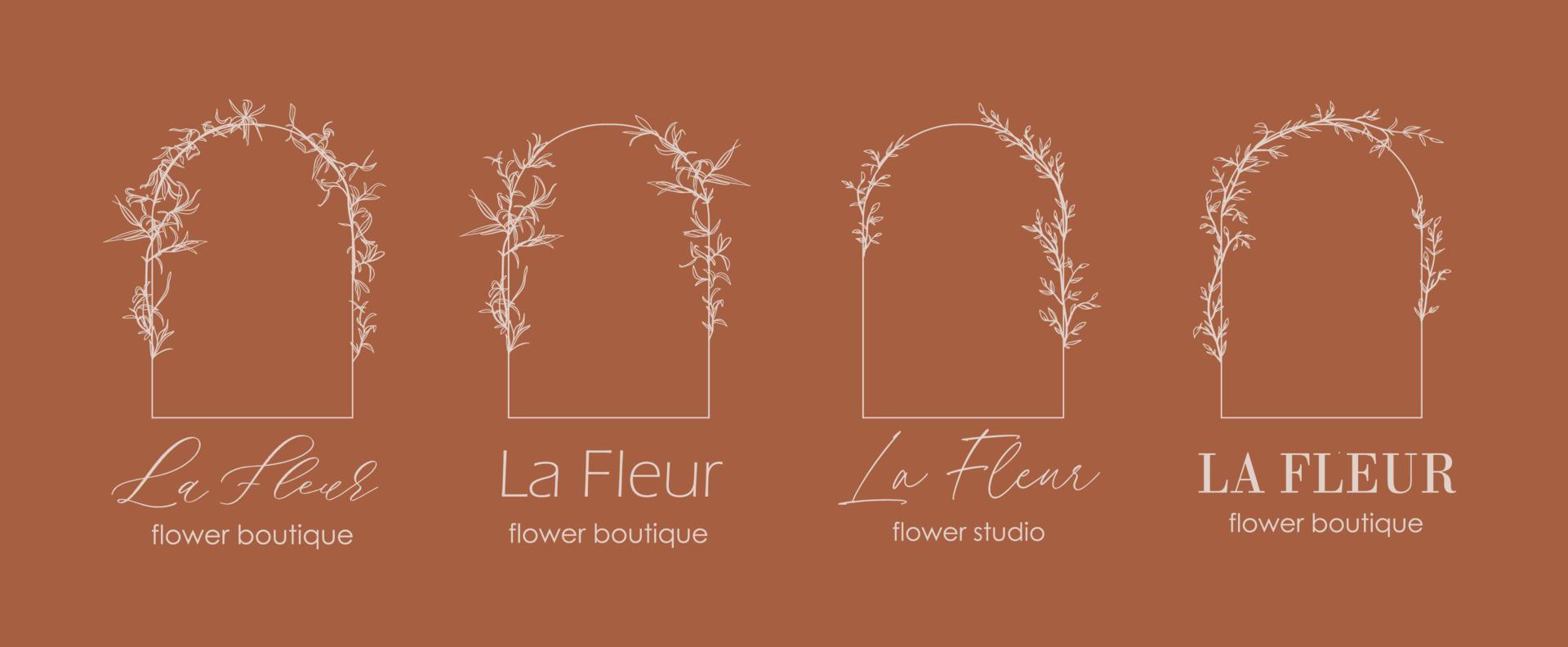 plantilla de diseño de logotipo y concepto de monograma en estilo lineal de moda con arco - marco floral con espacio de copia de texto o letra - emblema de moda, belleza y joyería, invitación de boda, socia. vector