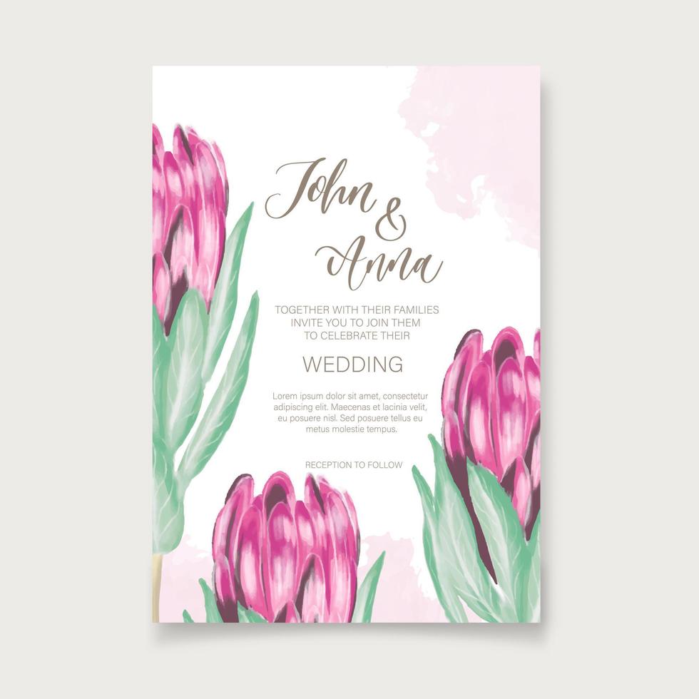 Diseño de plantilla de tarjeta de invitación de boda floral con flores de protea de acuarela. vector