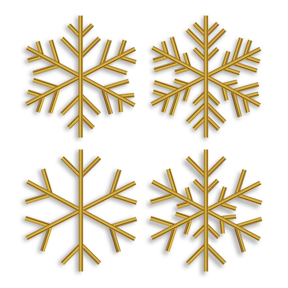 Set of 3D gold snowflake isolated on white background. vector