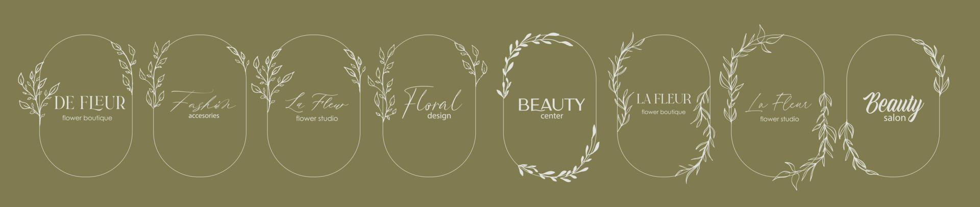 Logo design template and monogram concept in trendy linear style with arch - floral frame with copy space for text or letter - emblem for fashion, beauty and jewellery, Wedding invitation, socia. vector