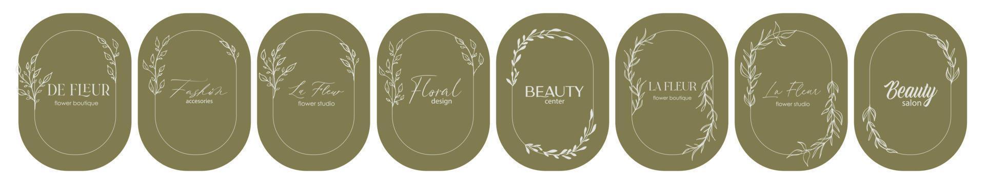 Logo design template and monogram concept in trendy linear style with arch, floral frame,emblem for fashion, beauty and jewellery, Wedding invitation, socia. La Fleur - flower in French. vector